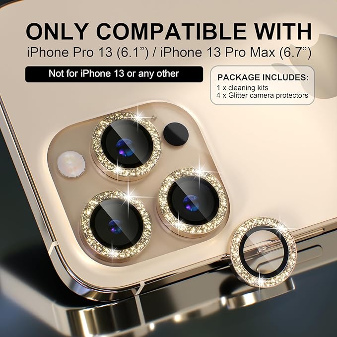 Choiche [3+1 for iPhone 13 Pro/iPhone 13 Pro Max Camera Lens Protector Bling, 9H Tempered Glass Camera Cover Screen Protector Metal Ring Decoration Accessories (Glitter-Gold)