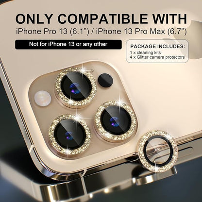 Choiche [3+1 for iPhone 13 Pro/iPhone 13 Pro Max Camera Lens Protector Bling, 9H Tempered Glass Camera Cover Screen Protector Metal Ring Decoration Accessories (Glitter-Gold)