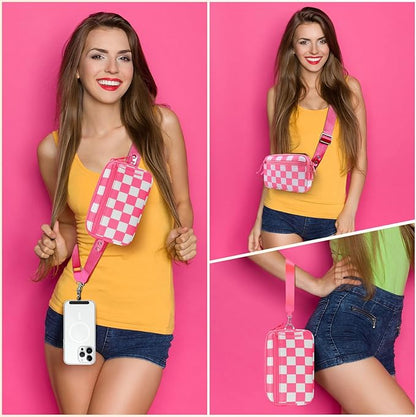 Clip and Go Strap for Phone with Wallet Crossbody, Adjustable Phone Lanyard with Detachable RFID Wristlet Wallet, Phone Strap with Phone Tabs for All Phones, Pink Checkered (L)