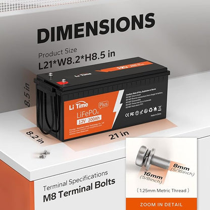 LiTime 12V 200Ah Plus Lithium LiFePO4 Battery, Built-in 200A BMS, 4000+ Deep Cycles, Max 2560W Power Output, FCC&UL Certificates, 10-Year Lifetime, Perfect for RV, Solar, Off-Grid, etc. (2 Packs)