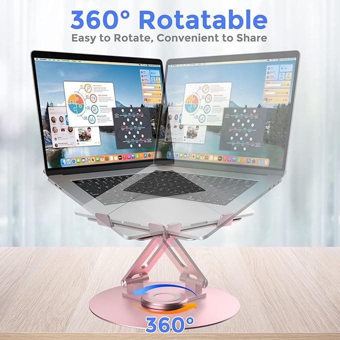 Swivel Laptop Stand for Desk, Adjustable Height Aluminum Computer Stand with 360 Rotating Base, Foldable Ergonomic Riser, Portable Laptop Holder Compatible with MacBook, All Laptops 10-17'', Pink