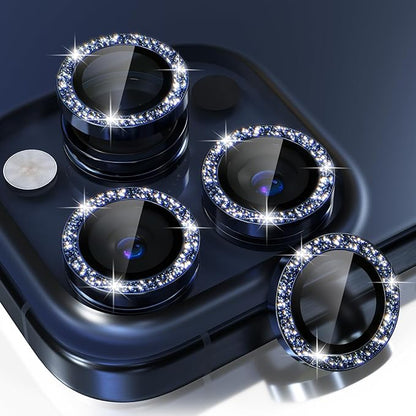 Choiche Compatible for iPhone 15 Pro/iPhone 15 Pro Max Camera Lens Protector Bling, 9H Tempered Glass Camera Cover Screen Protector Metal Ring Decoration Accessories (Glitter-Blue)