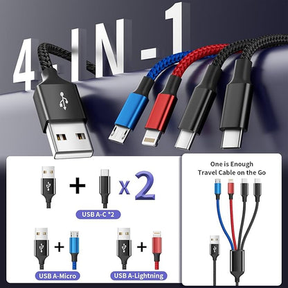 Travel Essentials, Dual Type-C 4 in 1 Multi Charging Cable for Multiple Devices, USB Cables Universal Phone Charger Cord with IP/Micro/2 USB-C Port for iPhone16/15/14, Android Tablet Pad, 2Pack 5FT