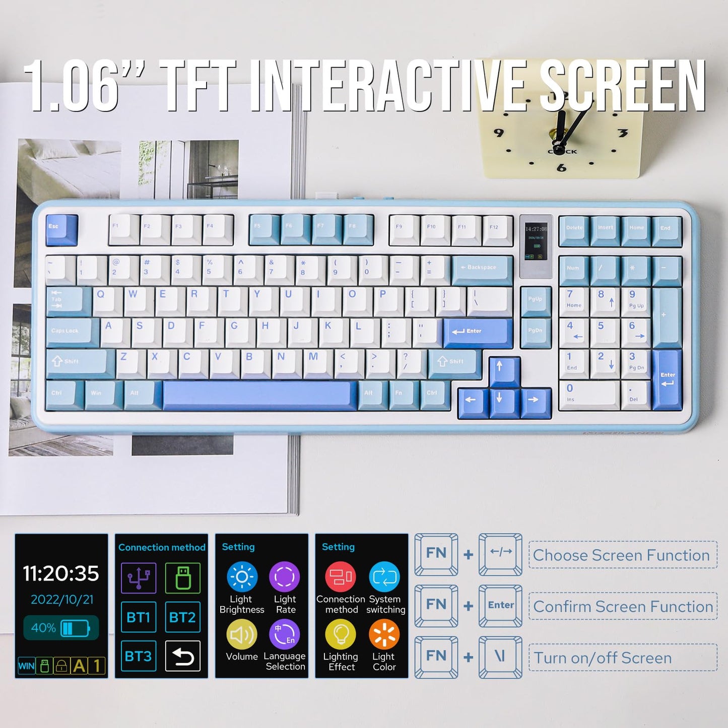 MechLands Vibe99 Wireless Gaming Keyboard with 1.06'' Screen, 96% Hot Swappable Creamy Mechanical Keyboard with Gasket Structure, BT5.0/2.4GHz/USB-C, 5-Layer Padding, RGB, NKRO for Win/Mac (Blue)