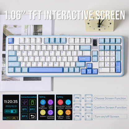MechLands Vibe99 Wireless Gaming Keyboard with 1.06'' Screen, 96% Hot Swappable Creamy Mechanical Keyboard with Gasket Structure, BT5.0/2.4GHz/USB-C, 5-Layer Padding, RGB, NKRO for Win/Mac (Blue)