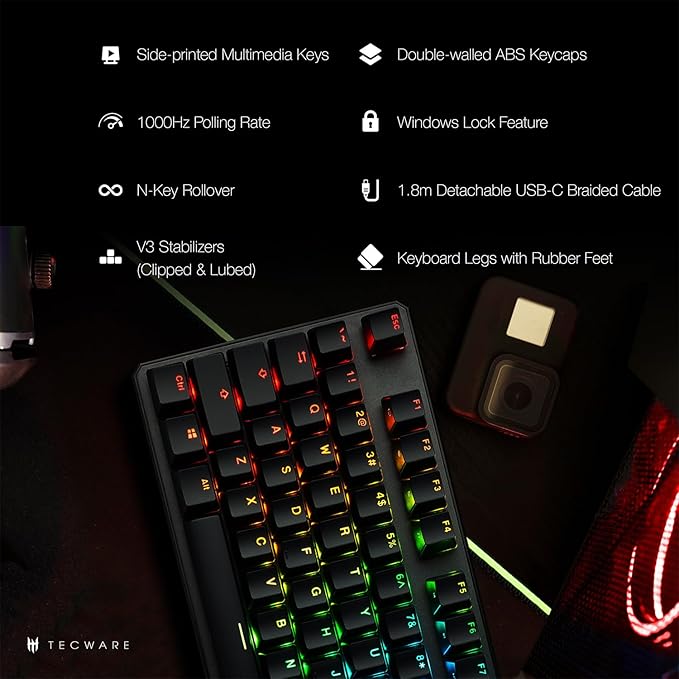 TECWARE Phantom+ 87 Key Mechanical Gaming Keyboard, RGB led, TKL 75% Keyboard, Thocky Sounding, Wraith Pink Switch