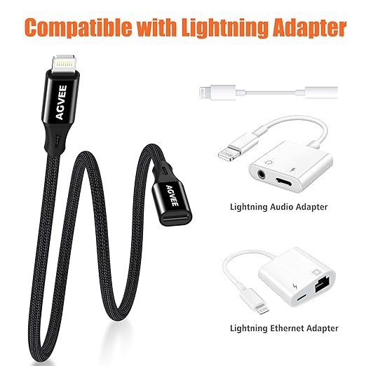AGVEE [6.6ft Lightning Extension Cable Braided Female to Male Extender Cord for iPhone iPad Charger, Data Sync Video Audio & Charging Connector Adapter, Black