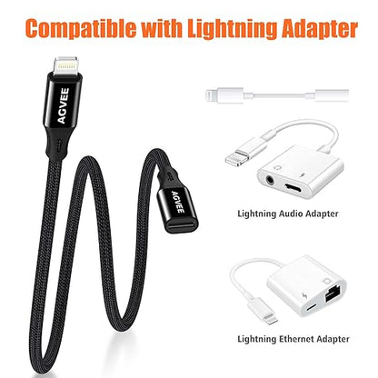 AGVEE 2 Pack 1ft Lightning Extension Cable, Braided Female to Male Extender Full Function Cord Compatible with iPhone iPad, Data Sync Video Audio & Charging Connector Adapter, Black