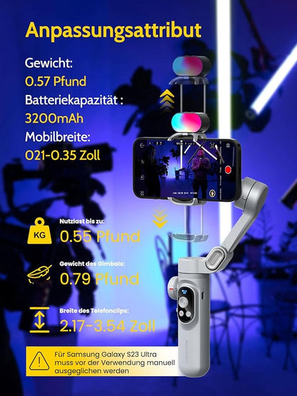 Gimbal Stabilizer for Smartphone,RGB Magnetic Refill Light Set,OLED Display LED Light Focus Wheel, Professional 3-axis stabilizer for Android &iPhone, AOCHUAN XPRO KIT Grey