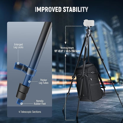NEEWER LITETRIP LT07 61" Aluminum Travel Tripod for Camera w Pan Tilt Low Profile Ball Head, Arca QR Plate Compatible with Peak Design Tripod Plate V3, Dual Center Axis, Phone Holder, Max Load 22lb