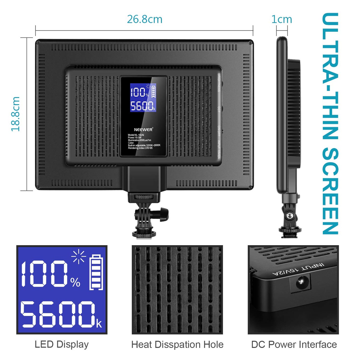 NEEWER 192 LED Video Light Panel, 20W Ultra Thin Bi Color Dimmable DSLR Camera Soft Light, 4000mAh Lithium Battery, 3200K-5600K CRI97+, Key Lighting for Studio Photography Recording Streaming