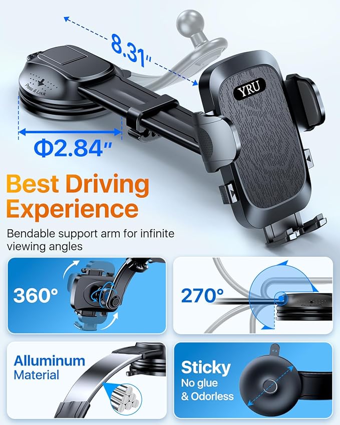 YRU [2025 Ultimate Car Phone Holder Mount [Bendable & Adjustable Aluminum Arm] Cell Phone Holder for Car Dashboard Windshield Phone Stand for iPhone 16 15 14 13 Pro Max Samsung Pickup Truck, Black