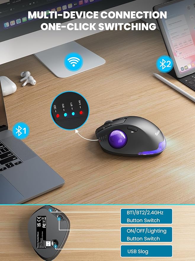 Wireless Trackball Mouse, Ergonomic Bluetooth Rechargeable Computer Mouse, Backlit Rollerball Thumb Laptop mice with 5 Level DPI, Adjustable Angle, 3 Devices Connection for PC, Windows - Purple Ball
