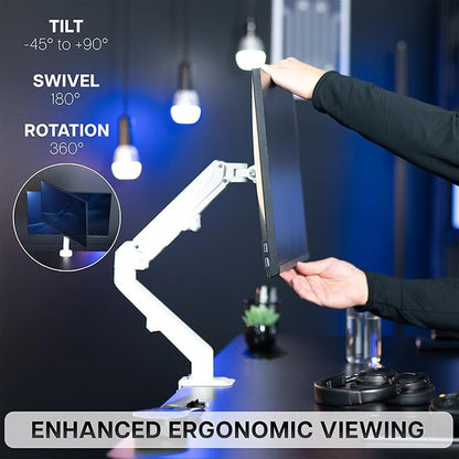 VIVO Articulating Single 17 to 27 inch Pneumatic Spring Arm Clamp-on Desk Mount Stand | Fits 1 Monitor Screen with Max VESA 100x100, White (STAND-V101OW)