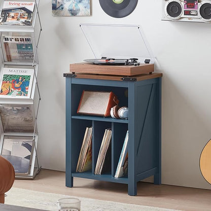 Joaxswe Record Player Stand with Vinyl Record Storage Holds up to 160 Albums,Large Wood Record Player Table，Blue Turntable Stand Cabinet Dispaly Shelf for Living Room,Bedroom,Office