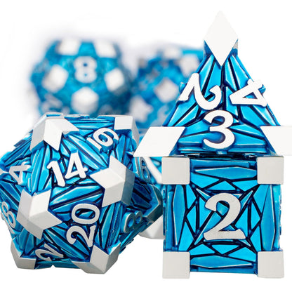 ORIFANTOU 7PCS Metal DND Dice Set with Box, Debris RPG Blue D and D Dice for use with D&D Tabletop Games Role Playing Game Polyhedral Dice Set D20 D12 D10 D8 D6 D4