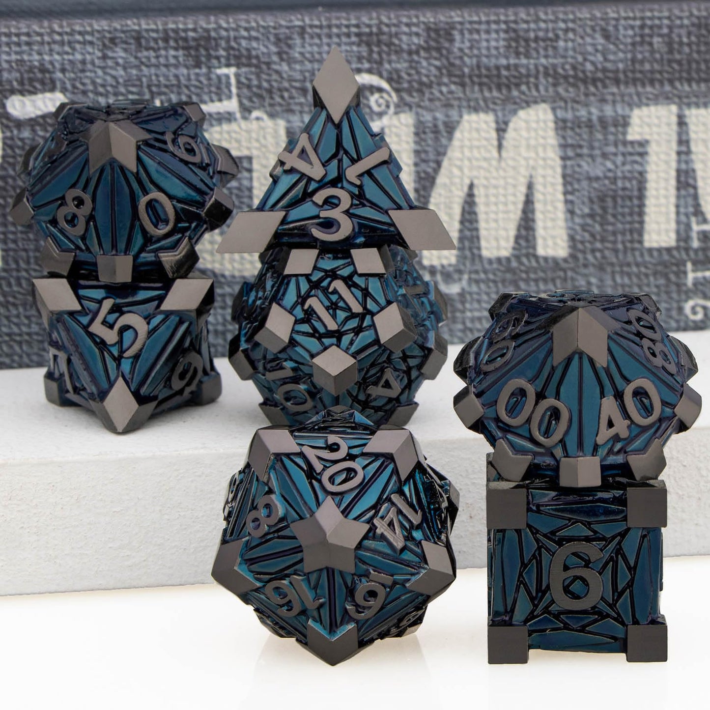 ORIFANTOU 7PCS Metal DND Dice Set with Box, Debris RPG Black Blue D and D Dice for use with D&D Tabletop Games Role Playing Game Polyhedral Dice Set D20 D12 D10 D8 D6 D4