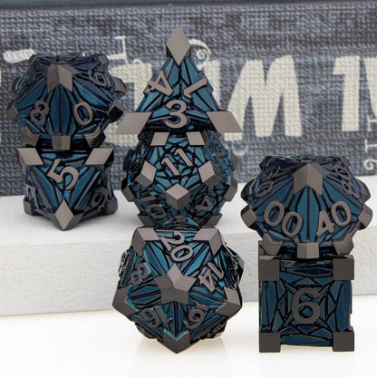 ORIFANTOU 7PCS Metal DND Dice Set with Box, Debris RPG Black Blue D and D Dice for use with D&D Tabletop Games Role Playing Game Polyhedral Dice Set D20 D12 D10 D8 D6 D4