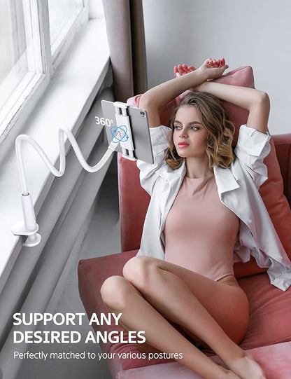 SHAWE Gooseneck Tablet Holder Phone Stand, Flexible Tablet Mount for Bed, 360 Adjustable Lazy Arm Holder Clamp Mount for iPad Air Pro Mini, Samsung Galaxy Tabs, iPhone, Switch, 4.0~10.5" (White)