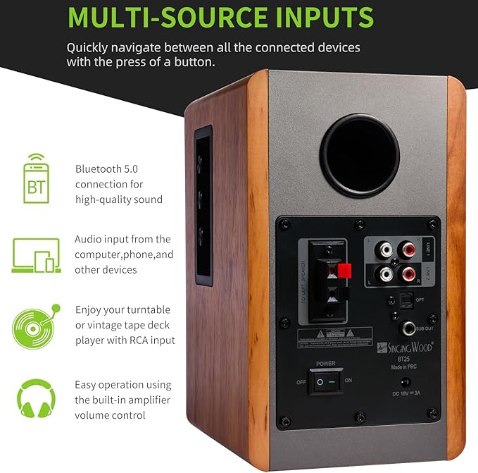 SINGING WOOD BT25 Powered Bluetooth Bookshelf Speakers with Subwoofer Output, 80W Hi-Fi Active 2.0 Stereo System, Optical/RCA Inputs, Studio Monitors for Home Theater, PC Gaming, Turntable