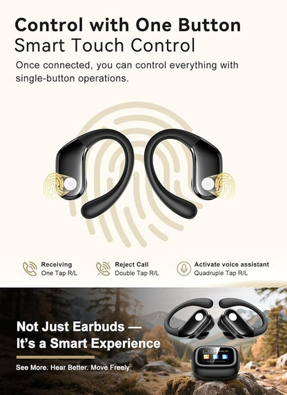 Wireless Earbuds, ENC Noise Cancelling Sport Ear Buds with Multifunctional Touch Screen, Bluetooth 5.4 Headphones, Bass Stereo Sound, 5 EQ Over The Ear Earbuds for Sports/Workout/Gym-Black