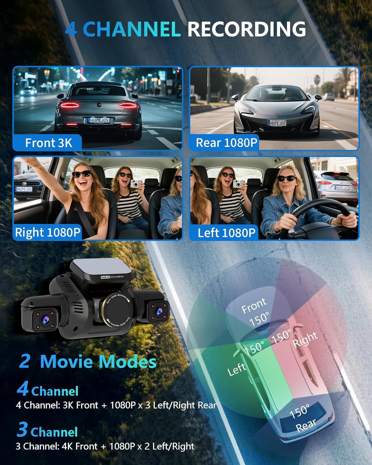 HUPEJOS AI 4K Dash Cam Front and Rear, 4 Channel 360° View Camera for Car