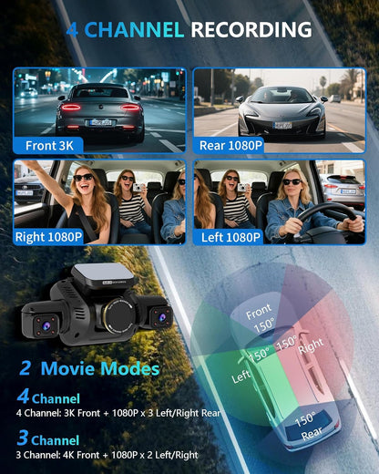 HUPEJOS AI 4K Dash Cam Front and Rear, 4 Channel 360° View Camera for Car