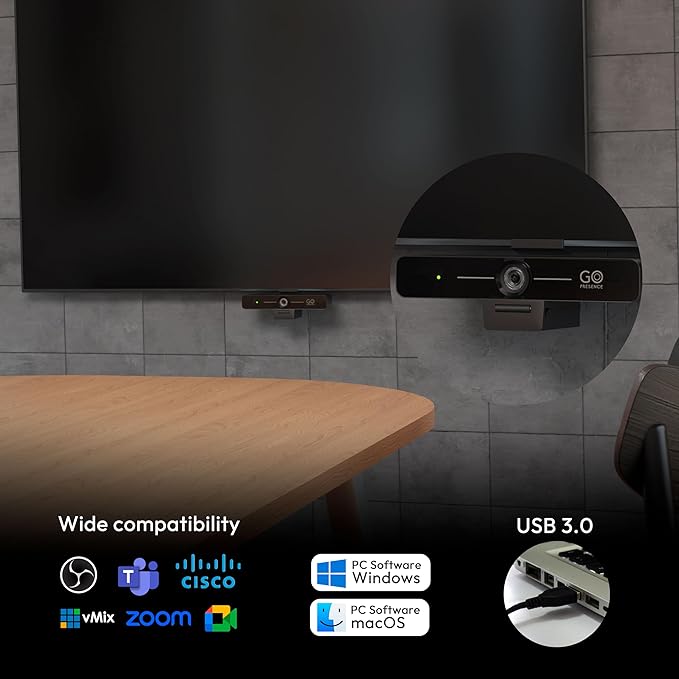Smart 4K Compact Video Conference Camera – Ultra HD 120° Wide Lens, AI Auto-Framing, Noise-Cancelling Mics, 20ft Pickup, Plug-and-Play USB for All Video Conference Platforms – Small Rooms