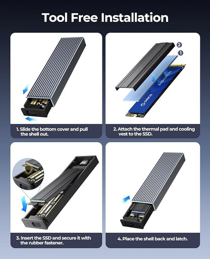 ORICO M.2 NVMe SSD Enclosure Aluminum Tool-Free Adapter, 10Gbps USB3.2 USB-C M2 Reader for M.2 PCIe NVMe M-Key 2230/2242/2260/2280 SSD, Thunderbolt 3 Compatible, External Case Support UASP Trim-BM2G2