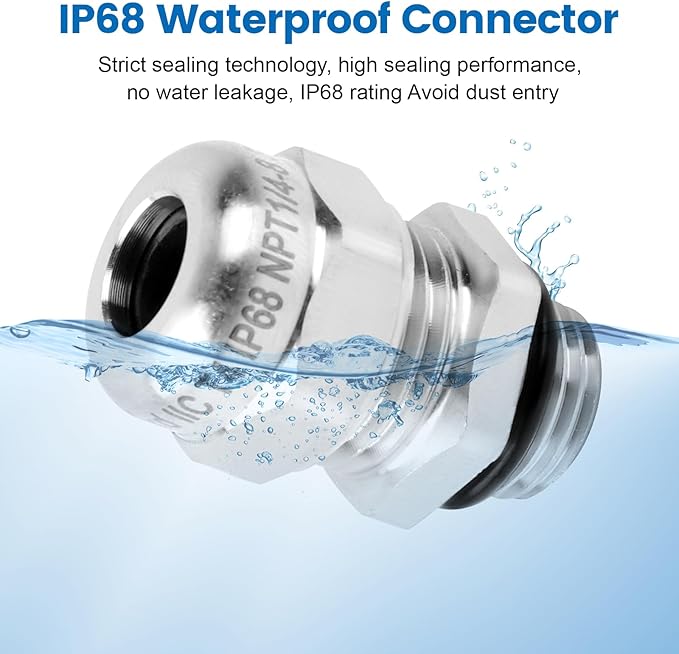 2 Pcs 1/4" NPT Stainless Steel Waterproof Cable Gland, IP68 Waterproof Adjustable Cable Glands, Strain Relief Cord Grip Connectors with Gaskets and Locknut for 4-8mm Cable Diameter