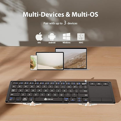 iClever Foldable Keyboard, BK08 Foldable Bluetooth Keyboard with Touchpad, Aluminum Build, USB-C Charge, Equipped with Stand Holder and Carrying Bag, Portable for Laptop, iPad, iPhone, Silver