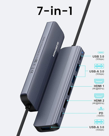 USB C Hub Docking Station Dual Monitor for Laptop, MacBook Air/Pro Dock Adapter Multiport Dongle with 2 HDMI Ports 4K 60Hz, 100W PD Charging, 3 USBA 3.0 & USBC