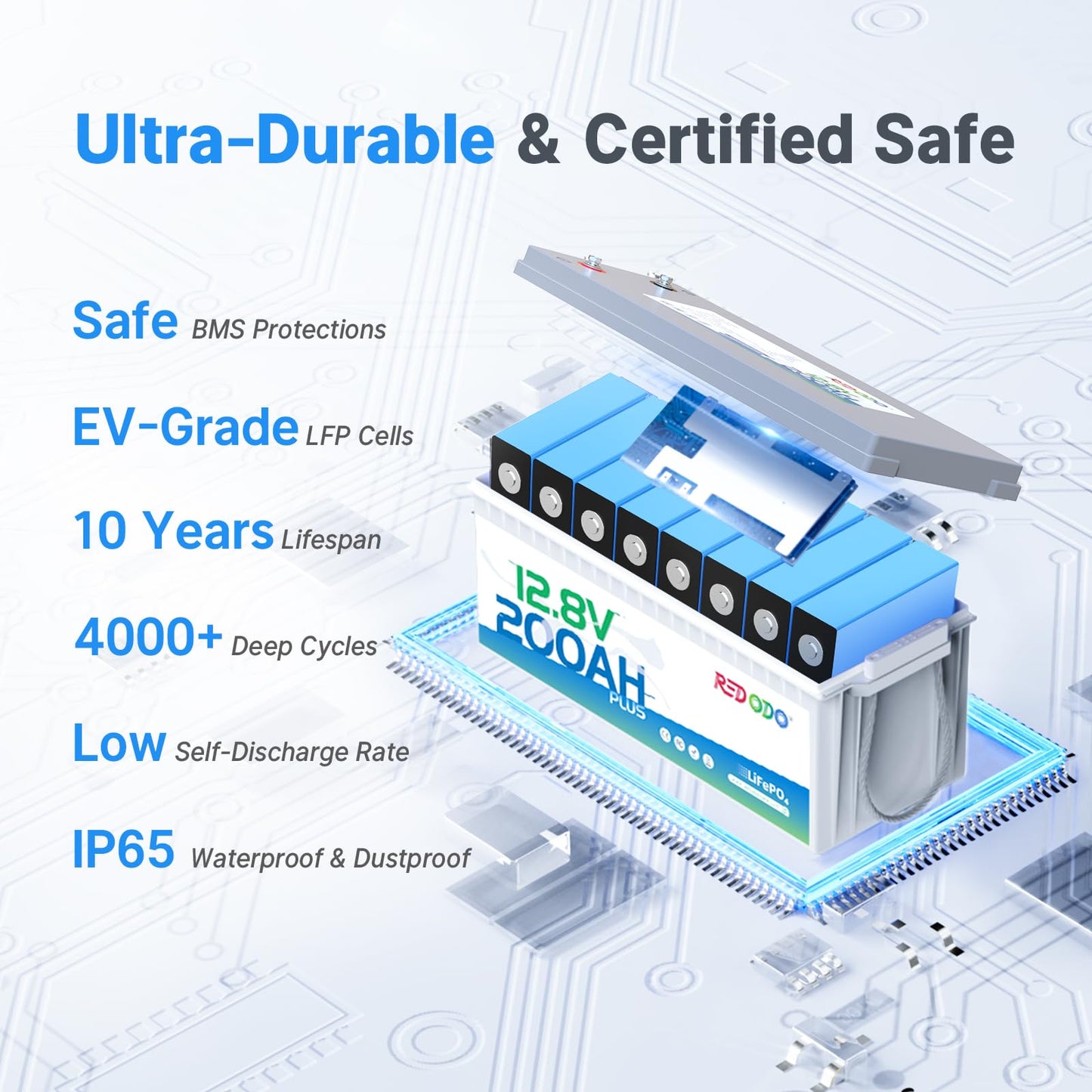 Redodo 12V 200Ah Plus Lithium LiFePO4 Battery (Pack 2), Max 2560W Power Output, 200A BMS Protection, 4000-15000 Deep Cycles,Perfect for Home Solar Storage, RV, Marine, etc