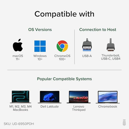 Plugable USB C Laptop Docking Station, Dual Monitor 4K 60Hz for Apple Mac M1/M2/M3/M4, 2X HDMI or 2X DisplayPort, 100W Charging DisplayLink Dock, 2 Displays for MacBook, Driver Required (UD-6950PDH)