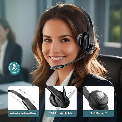 Bluetooth Headset with USB Dongle for Computer, Single-Ear Wireless Headset with Noise Cancelling Microphone for Office & Truckers, Bluetooth V5.2 with Mute Button for Work