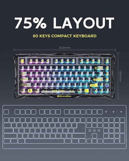 GravaStar Mercury K1 Lite 75% Gaming Keyboard, 2.4GHz/BT/Wired Tri-Mode Wireless Keyboard, Gasket Hot Swappable Mechanical Keyboard, Pre-lubed Linear Switches, RGB Backlit - Transparent Black