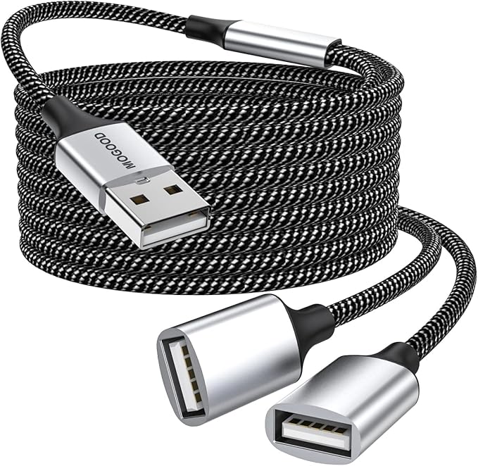 Durable USB A Male to 2 Female Extension Cord - Nylon Braided Splitter Cable for Printer, Keyboard, Flash Drive, Hard Drive, PlayStation