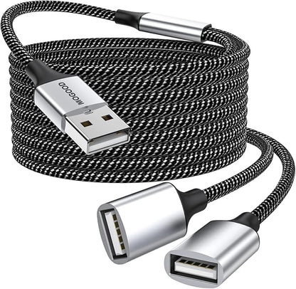 Durable USB A Male to 2 Female Extension Cord - Nylon Braided Splitter Cable for Printer, Keyboard, Flash Drive, Hard Drive, PlayStation