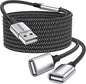 Durable USB A Male to 2 Female Extension Cord - Nylon Braided Splitter Cable for Printer, Keyboard, Flash Drive, Hard Drive, PlayStation