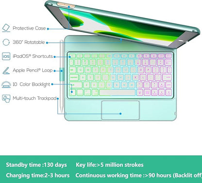 HOTLIFE Keyboard Case for iPad 10.2 - Keyboard for iPad 9th Generation & 8th & 7th Gen - Touch Wireless Backlight Keyboard - 360° Rotatable Protective Cover with Pencil Holder
