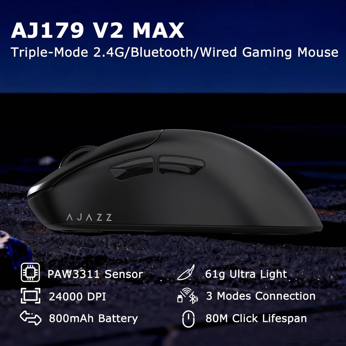 AJ179 V2 Wireless Gaming Mouse, Tri-Mode 2.4G/Bluetooth/Wired, 800mAh Battery Inside a 61g Ultra-Light Shell, 24000 DPI, 6 Programmable Buttons, Right-Handed Ergonomic, On-Board Memory – Black