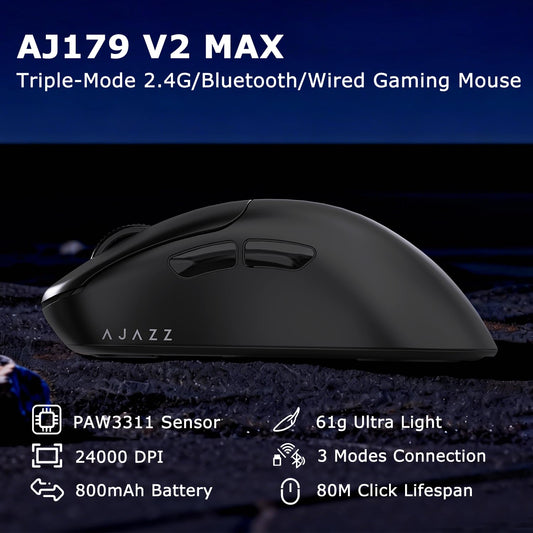 AJ179 V2 Wireless Gaming Mouse, Tri-Mode 2.4G/Bluetooth/Wired, 800mAh Battery Inside a 61g Ultra-Light Shell, 24000 DPI, 6 Programmable Buttons, Right-Handed Ergonomic, On-Board Memory – Black