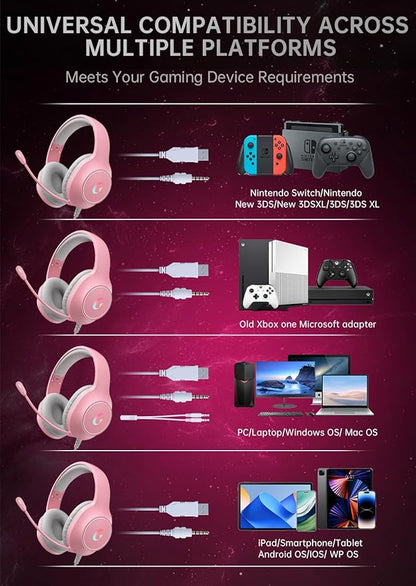 CM7002 Gaming Headset for PS5, PS4, PC, Mac, Switch, Xbox Series, Surround Sound RGB Gaming Headphones with Noise Canceling Microphone, 50MM Dynamic Drivers, 3.5MM Audio Jack, Light Pink