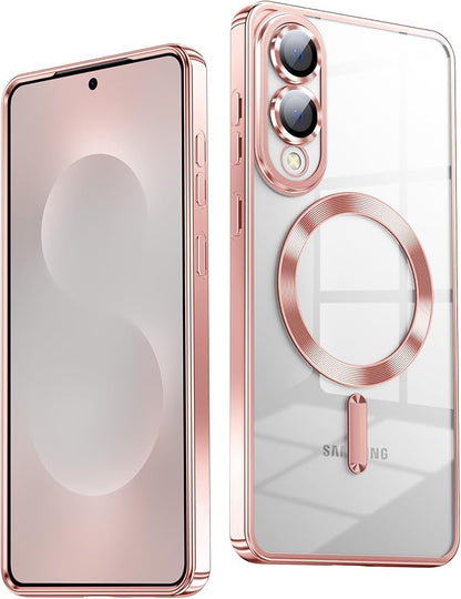 Slim Thin for Samsung Galaxy S25 Edge Case, Compatible with MagSafe, Built-in Camera Lens Protector, Shockproof Protective Phone Case, Soft Electroplated Clear Cover, Rose Gold