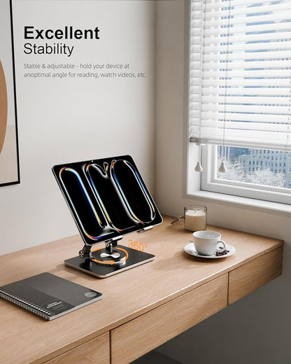 Tablet Stand Holder with Thickened 360°Rotating Base Dual Rod Adjustable Aluminum Stand for All 5.8-12.9” iPad Samsung Phone Tablet Kindle E-Reader and More, Black