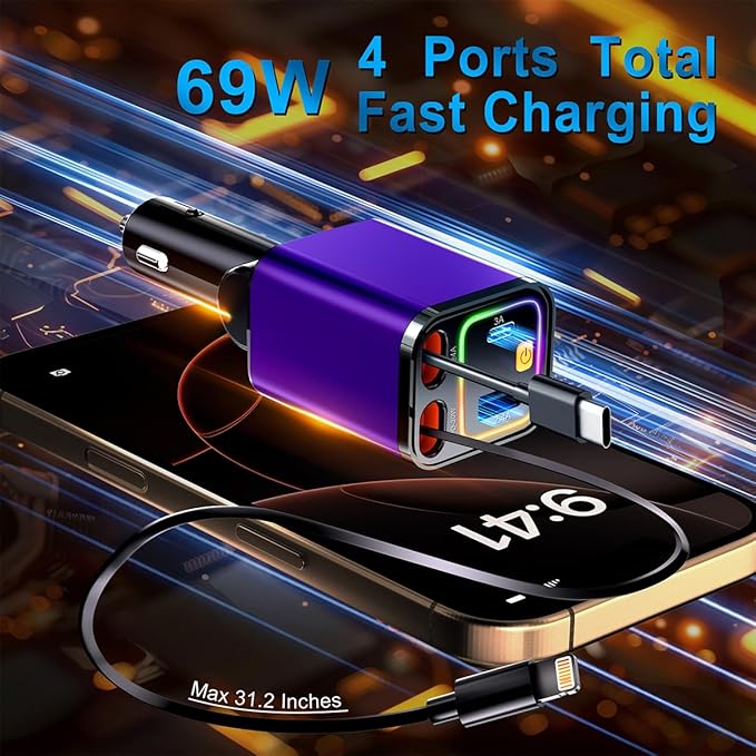 [2025 Mirco-Version] 4 in 1 Retractable Car Charger,69W Car Charger USB C,Cigarette Lighter Adapter,Fast Charging for iPhone 16e/16/15/14,13,Android (Purple, for Lightning+USB-C)