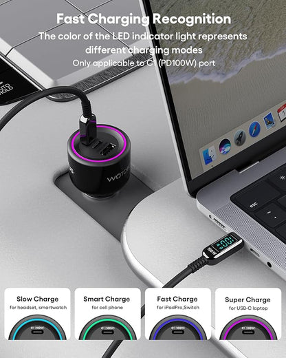 WOTOBEUS 175W Car Charger Dual USB C Adapter: PD 100W & PPS 45W - Super Fast Charging for iPhone 15/14 Max, MacBook Air, iPad Pro, Samsung Galaxy S24/S23 Ultra, Pixel & More Type C Laptops, Grey