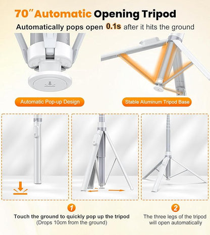 TONEOF 70" Automatic Tripod,Auto-Open Phone Stand with Magnetic Rechargable Remote,Selfie Stick 360° Vertical & Horizontal Rotatable,Stable Travel Tripod for iPhone/Android(White)