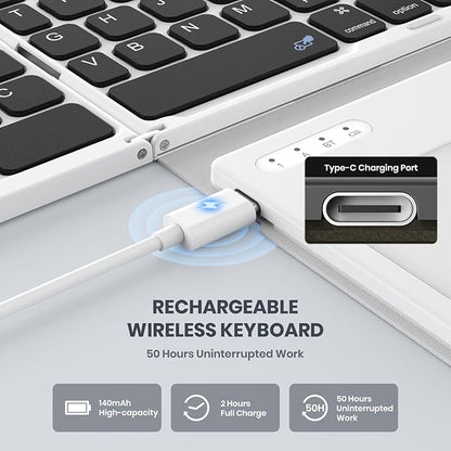 Foldable Bluetooth Keyboard, Portable Full Size Folding Keyboard with Large Touchpad, Numeric Keypad, PU Leather, Wireless TravelKeyboard for Windows iOS Android Mac(Black-White)