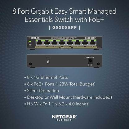 NETGEAR 8 Port PoE Gigabit Ethernet Easy Smart Managed Essentials Switch (GS308EPP) - with 8 x PoE+ @ 123W, Desktop or Wall Mount